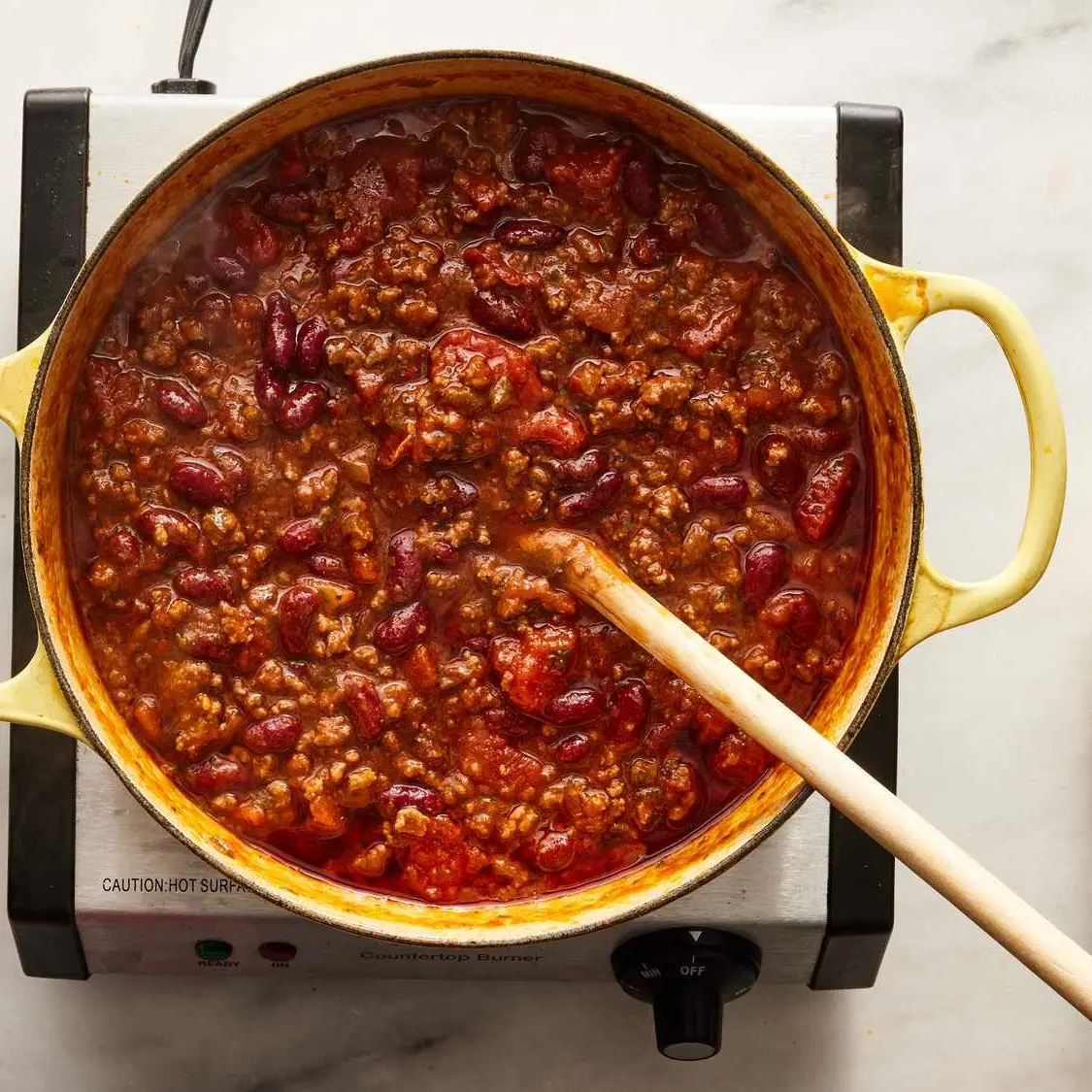 A pot of Chef Stephan’s beef and bean chili