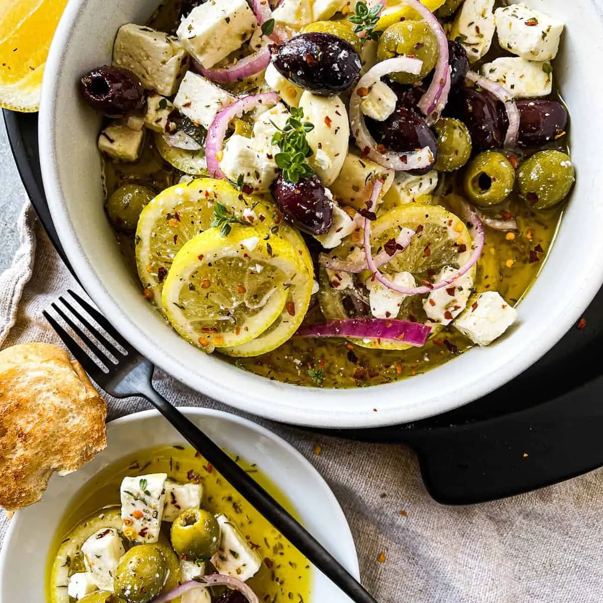 Marinated olives and feta with lemon and red onion