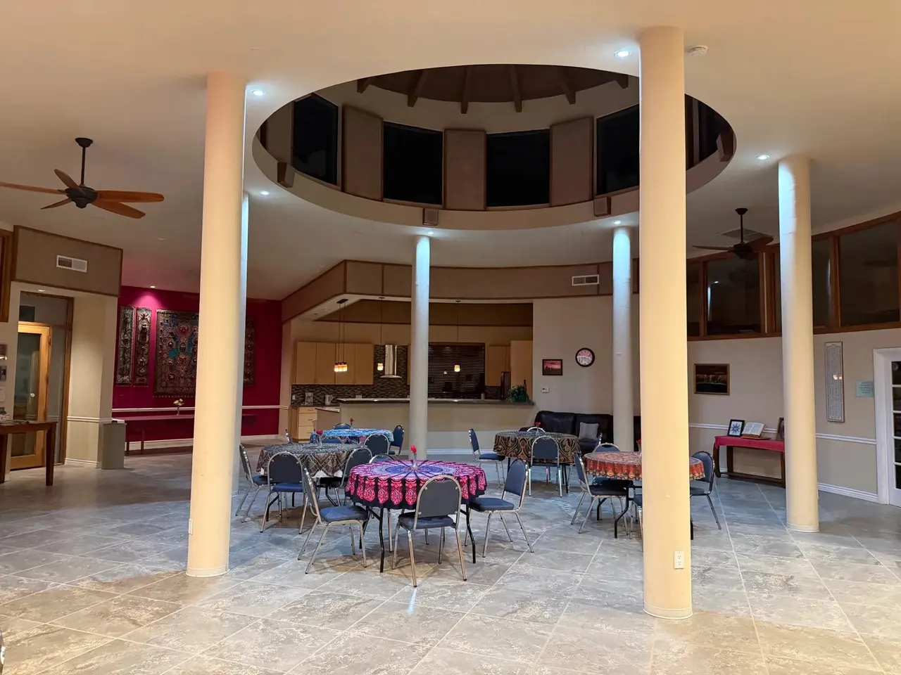 Columns rising to a ring of clerestory windows in the Round House